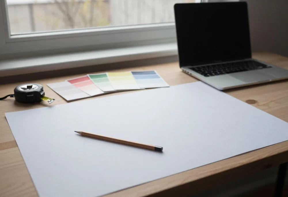 Blank budget-planning paper with a pencil, tape measure, paint swatches, and laptop on a desk