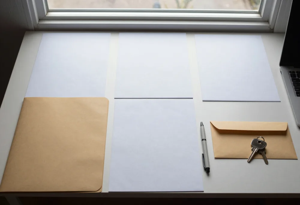 Blank documents, a folder, envelope, pen, and keys arranged on a desk