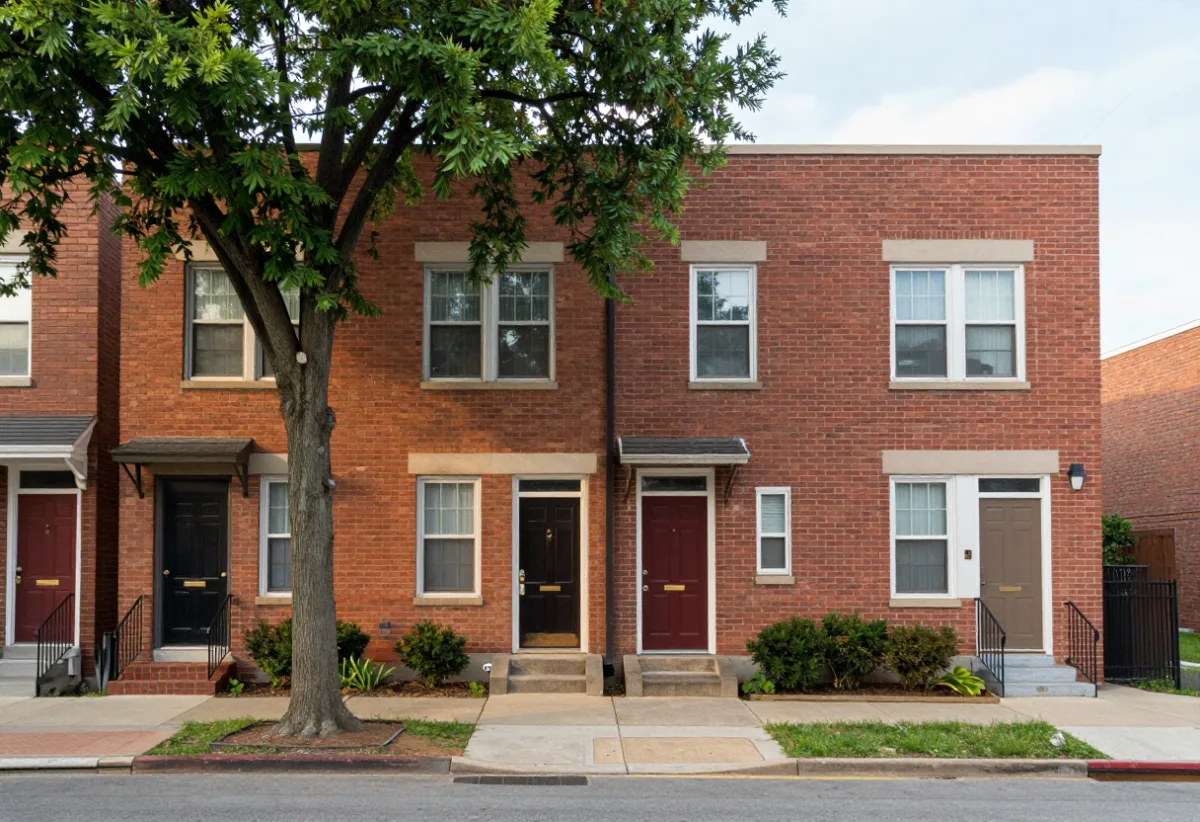 Illustration of a four-unit residential building with distinct entryways