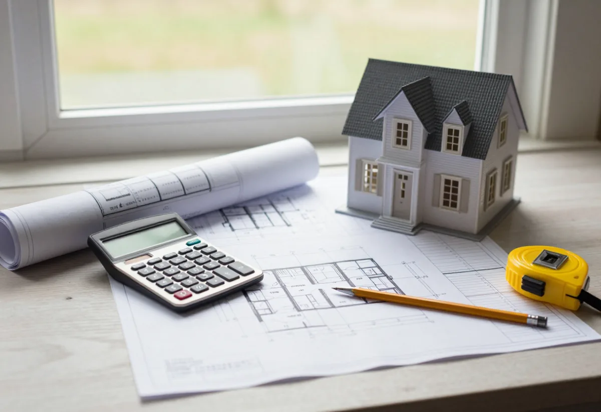 Calculator, house plans, measuring tape and repair notes on a worktable