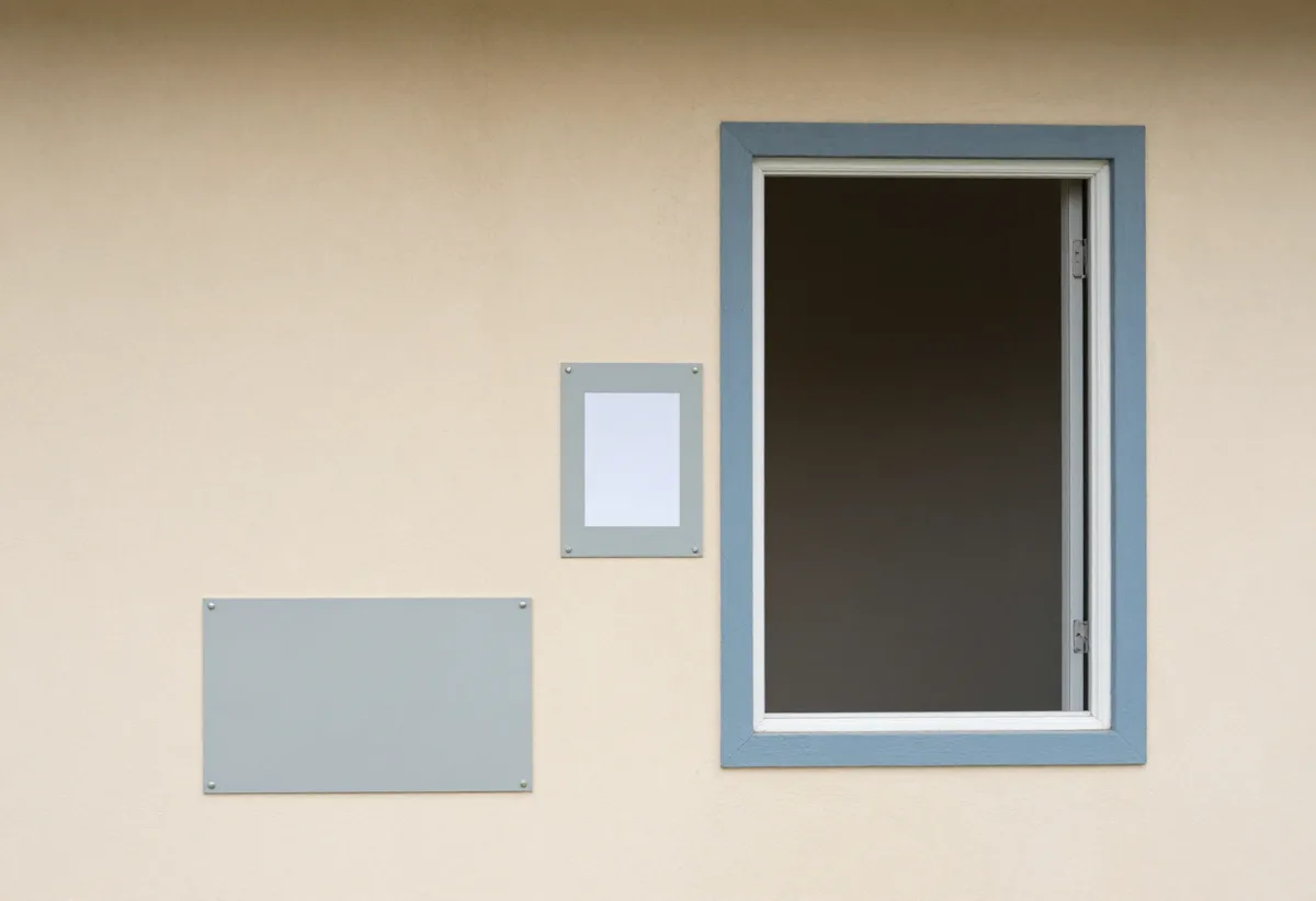 Generated diagram of a blank exterior metal plate and blank interior paper plate on a generic manufactured-home wall