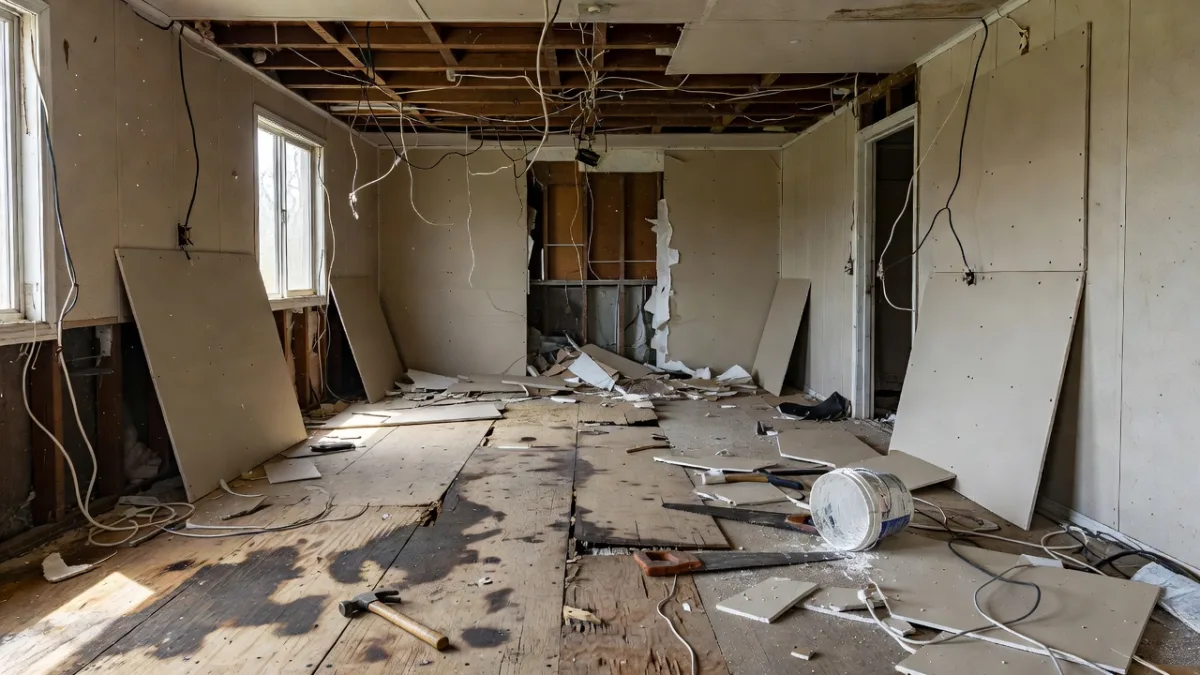 A gutted mobile home interior with loose wiring hanging from an open ceiling, stained subfloor, and drywall sheets and tools strewn across the floor