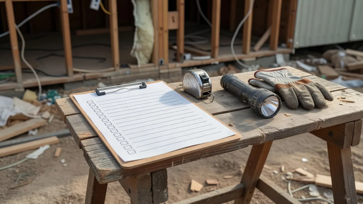 A clipboard with a blank checklist on a sawhorse beside a tape measure, flashlight and work gloves, in front of a stripped mobile home wall