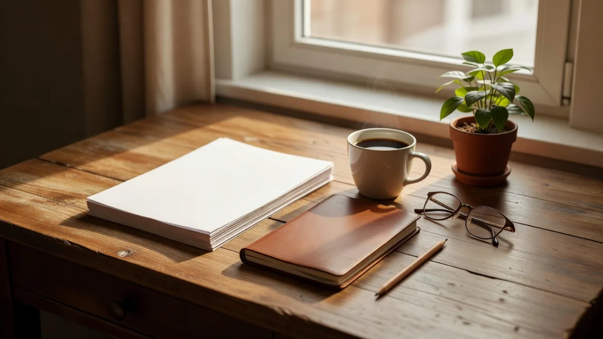 A wooden desk by a sunny window with a stack of blank paper, a leather notebook, a pencil, a cup of coffee, reading glasses and a potted plant