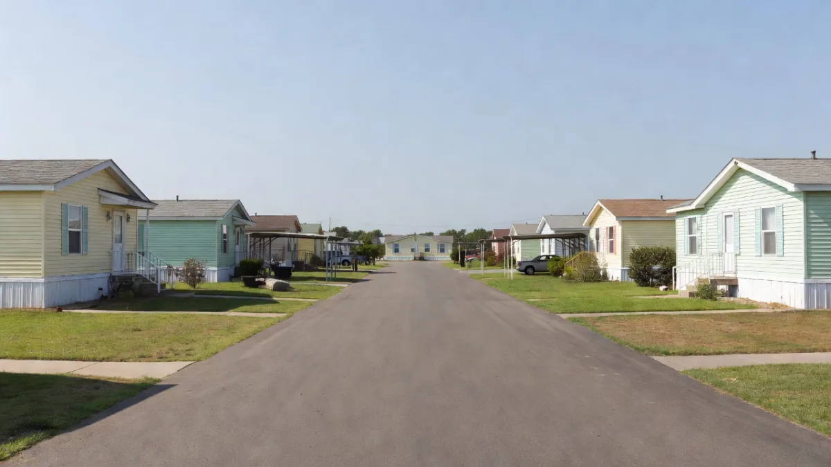 A paved street lined with pastel single-wide manufactured homes, small lawns and carports under a clear sky