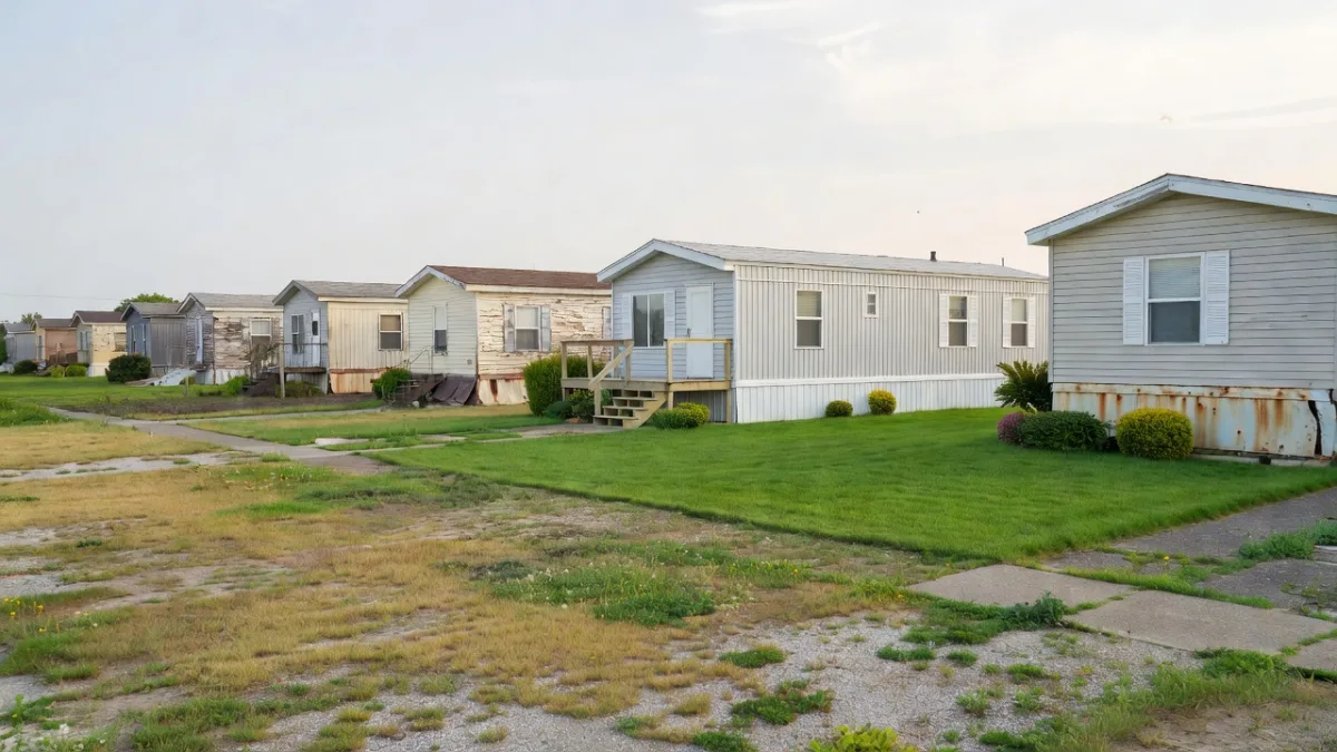 A row of weathered mobile homes with patchy lawns, one of them freshly renovated with new siding, a new deck and a neat green lawn